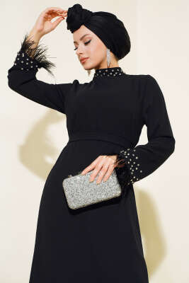 Yaka ve Manşet Taşlı Elbise Siyah - Tesettür Elbise