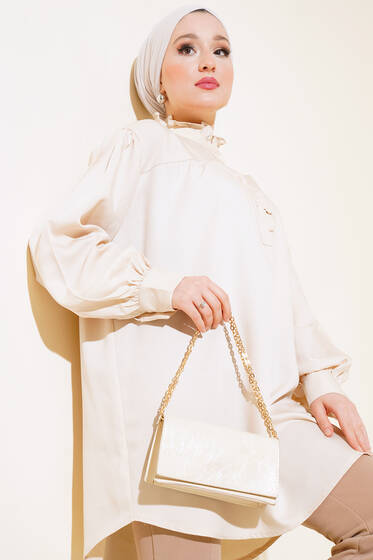 Yaka Ve Önü Fırfırlı Tunik Bej - Tunik