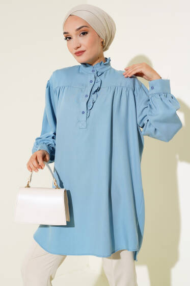 Yaka Ve Önü Fırfırlı Tunik İndigo - Tunik