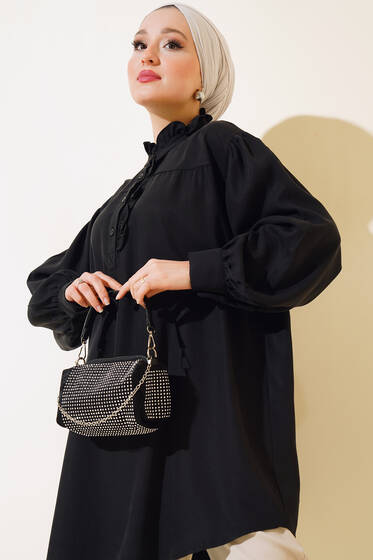 Yaka Ve Önü Fırfırlı Tunik Siyah - Tunik