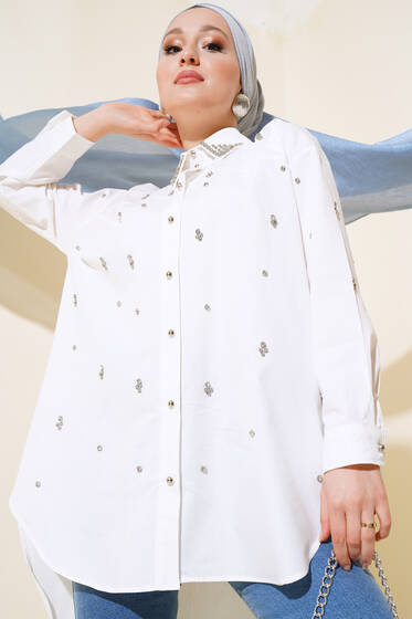 Yaka Ve Önü Taşlı Tunik Ekru - Tunik