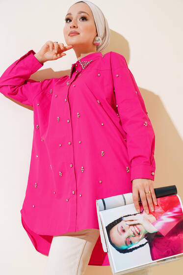 Yaka Ve Önü Taşlı Tunik Fuşya - Tunik