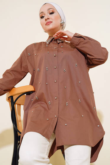 Yaka Ve Önü Taşlı Tunik Kahve - Tunik