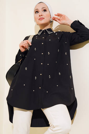 Yaka Ve Önü Taşlı Tunik Siyah - Tunik