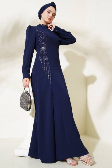 Yaka Ve Yanları Taşlı Büyük Beden Elbise Lacivert - Elbise