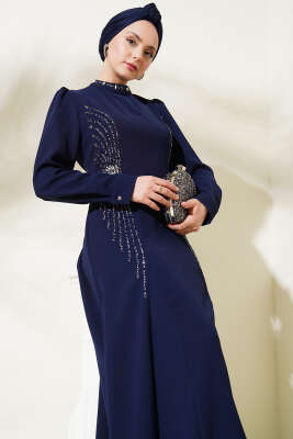 Yaka Ve Yanları Taşlı Büyük Beden Elbise Lacivert - Tesettür Elbise