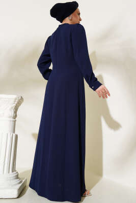 Yaka Ve Yanları Taşlı Büyük Beden Elbise Lacivert - Tesettür Elbise