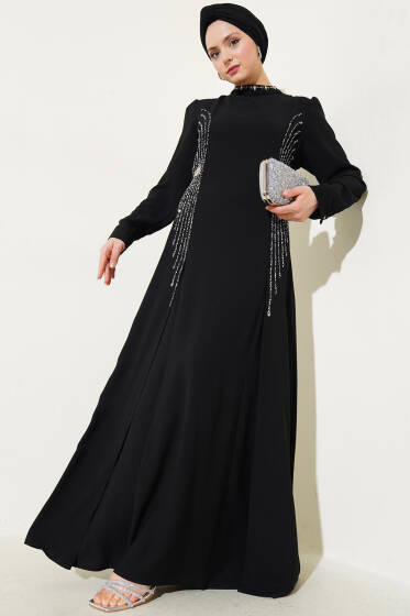 Yaka Ve Yanları Taşlı Büyük Beden Elbise Siyah - Elbise