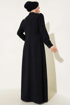 Yaka Ve Yanları Taşlı Büyük Beden Elbise Siyah - Tesettür Elbise