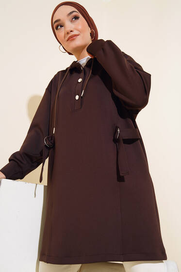 Yaka Yarım Düğmeli Scuba Tunik Acı Kahve - Tunik