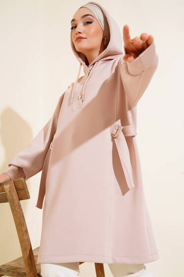 Yaka Yarım Düğmeli Scuba Tunik Bej - Tunik