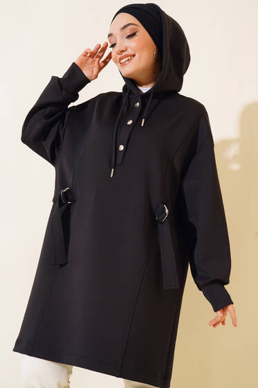 Yaka Yarım Düğmeli Scuba Tunik Siyah - Tunik