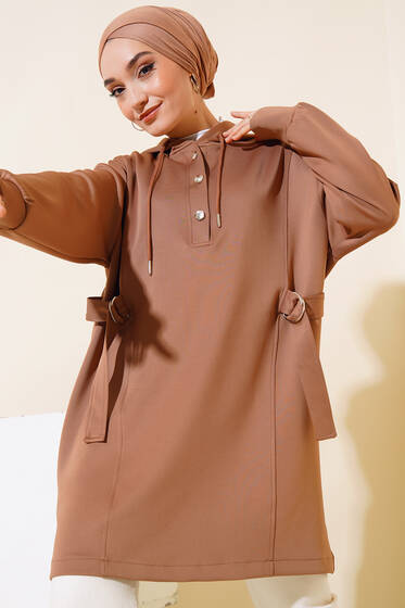 Yaka Yarım Düğmeli Scuba Tunik Taba - Tunik