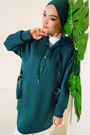 Yaka Yarım Düğmeli Scuba Tunik Zümrüt - Tunik