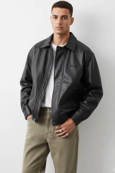 Yaka Yazılı Erkek Deri Ceket Siyah - Erkek Ceket