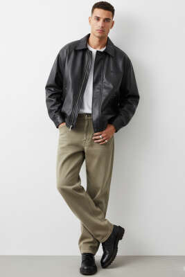 Yaka Yazılı Erkek Deri Ceket Siyah - Erkek Ceket