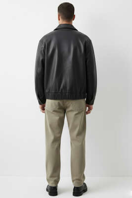 Yaka Yazılı Erkek Deri Ceket Siyah - Erkek Ceket