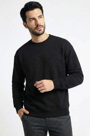 Yaka Yazılı Erkek Sweatshirt Siyah - Erkek Sweatshirt