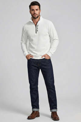 Yaka Yazılı Fermuarlı Erkek Sweatshirt Ekru - Erkek Sweatshirt