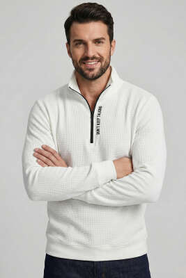 Yaka Yazılı Fermuarlı Erkek Sweatshirt Ekru - WİPEOUT