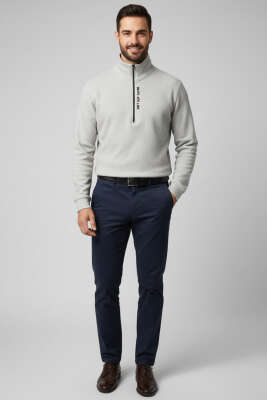 Yaka Yazılı Fermuarlı Erkek Sweatshirt Gri - Erkek Sweatshirt