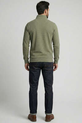 Yaka Yazılı Fermuarlı Erkek Sweatshirt Haki - Erkek Sweatshirt