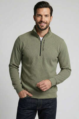 Yaka Yazılı Fermuarlı Erkek Sweatshirt Haki - WİPEOUT