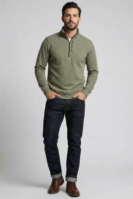 Yaka Yazılı Fermuarlı Erkek Sweatshirt Haki - Erkek Sweatshirt