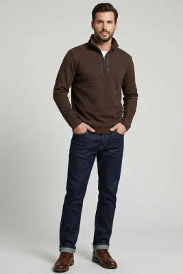 Yaka Yazılı Fermuarlı Erkek Sweatshirt Kahve - Erkek Sweatshirt