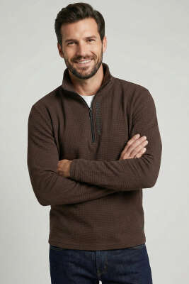 Yaka Yazılı Fermuarlı Erkek Sweatshirt Kahve - WİPEOUT