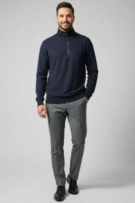 Yaka Yazılı Fermuarlı Erkek Sweatshirt Lacivert - Erkek Sweatshirt