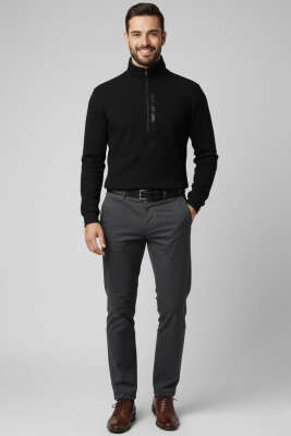 Yaka Yazılı Fermuarlı Erkek Sweatshirt Siyah - Erkek Sweatshirt