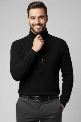 Yaka Yazılı Fermuarlı Erkek Sweatshirt Siyah - WİPEOUT