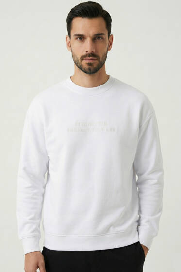 Yaka Yazılı Ribanalı Erkek Sweatshirt Beyaz - Erkek Sweatshirt