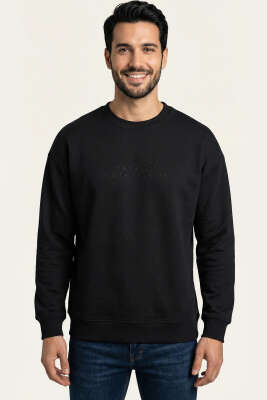 Yaka Yazılı Ribanalı Erkek Sweatshirt Siyah 