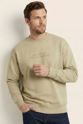 Yaka Yazılı Ribanalı Erkek Sweatshirt Yeşil - Erkek Sweatshirt