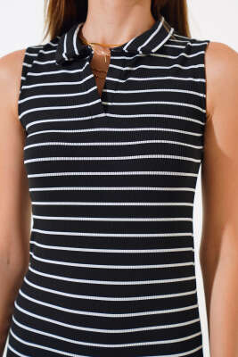 Yakalı Çizgili Kaşkorse Elbise Siyah - Kadın Giyim Modelleri