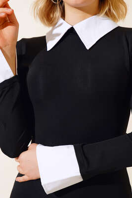 Yakalı Omuzu Fırfırlı Elbise Siyah - Thumbnail