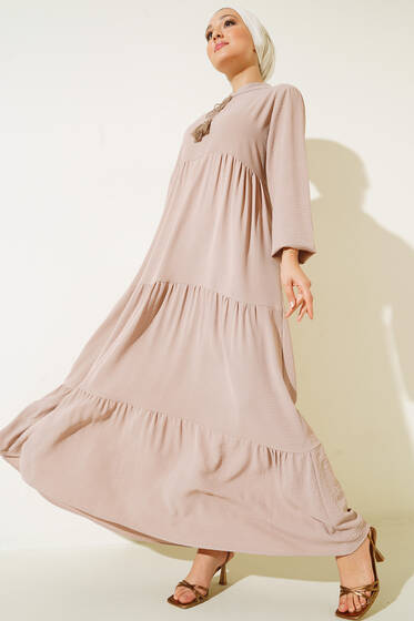 Yakası Bağcıklı Kat Kat Elbise Bej - Elbise