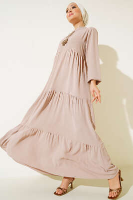 Yakası Bağcıklı Kat Kat Elbise Bej 