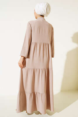 Yakası Bağcıklı Kat Kat Elbise Bej - Tesettür Elbise