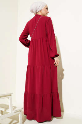 Yakası Bağcıklı Kat Kat Elbise Bordo - Tesettür Elbise