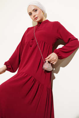 Yakası Bağcıklı Kat Kat Elbise Bordo - Tesettür Elbise