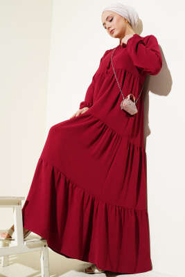 Yakası Bağcıklı Kat Kat Elbise Bordo 