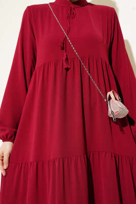 Yakası Bağcıklı Kat Kat Elbise Bordo - Tesettür Elbise