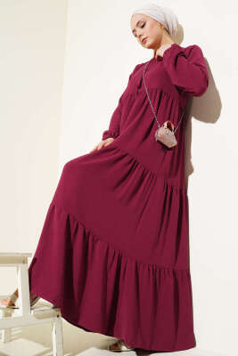 Yakası Bağcıklı Kat Kat Elbise Bordo 