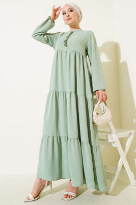 Yakası Bağcıklı Kat Kat Elbise Çağla Yeşili - Elbise