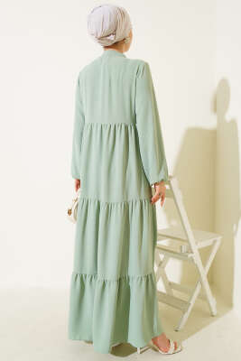 Yakası Bağcıklı Kat Kat Elbise Çağla Yeşili - Elbise