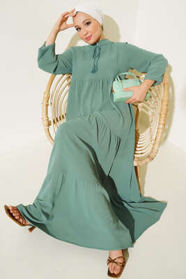 Yakası Bağcıklı Kat Kat Elbise Çağla Yeşili - Thumbnail