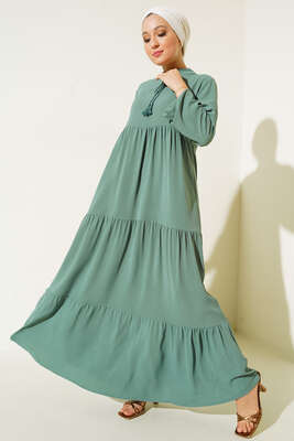 Yakası Bağcıklı Kat Kat Elbise Çağla Yeşili - Thumbnail